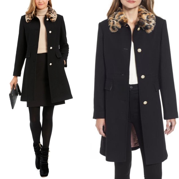 NWT Kate Spade Leopard Collar Wool Coat Cheetah Pearl Buttons Black